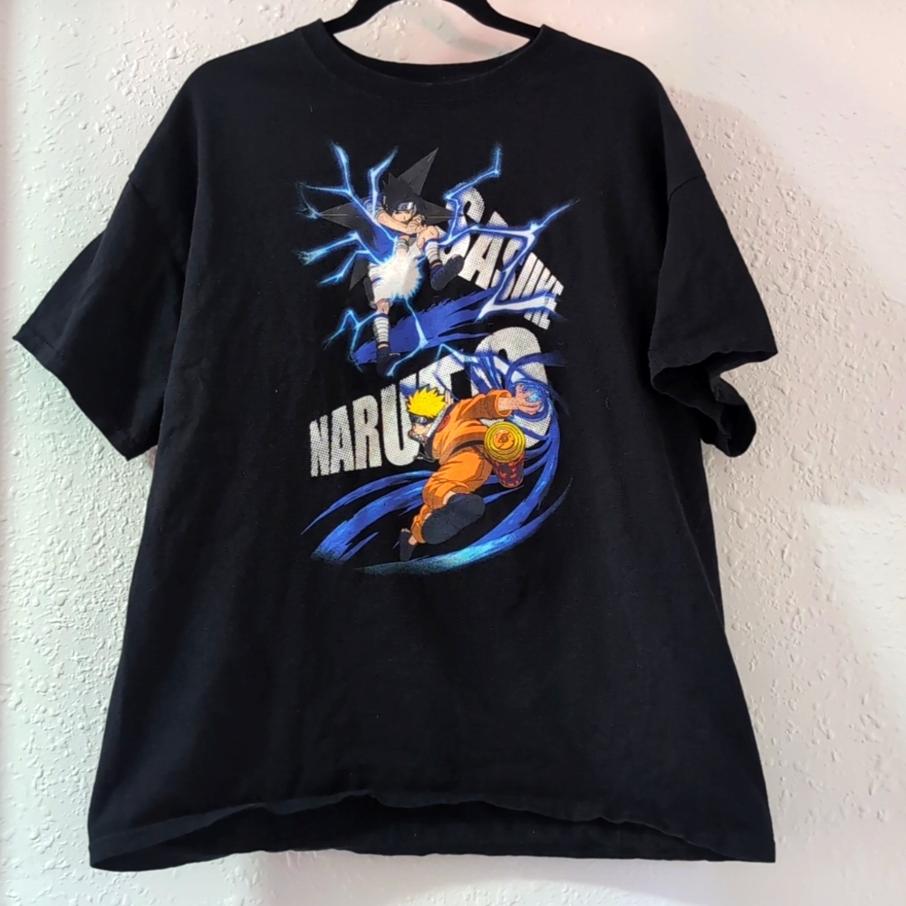 2002 Naruto vs Sasuke Anime Jump Black T-Shirt, Unisex XL